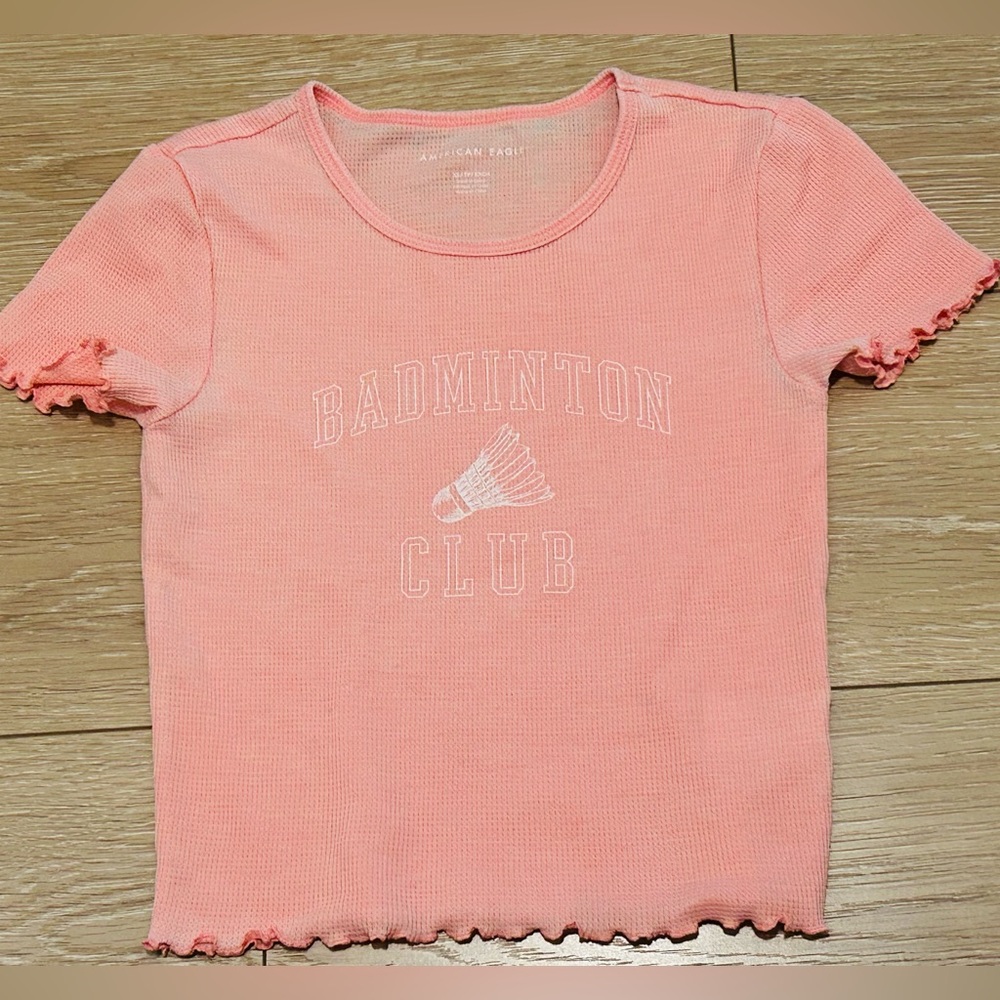American Eagle Jr Womens Short Sleeve Crop Top Coral Pink Badminton Club Sz XS